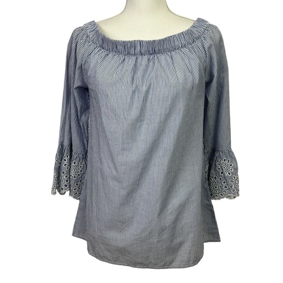 beachlunchlounge Women’s Top Sz Small Blue/White Stripe Boho Ruffle Sleeve - Picture 1 of 11
